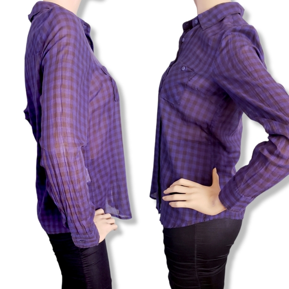 BCBGeneration Blue & Black Plaid Semi-Sheer Button Down Shirt - Picture 4 of 8